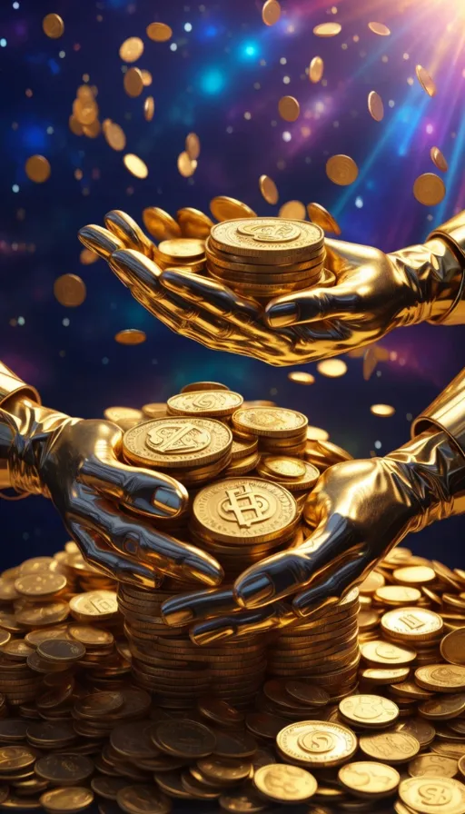 two hands reaching for a pile of gold coins