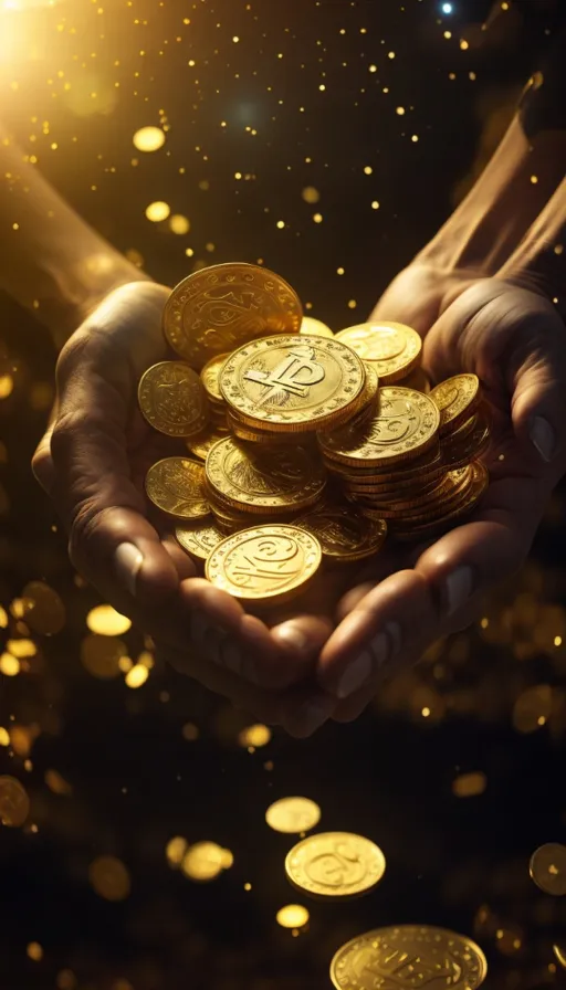 a person holding a handful of gold coins