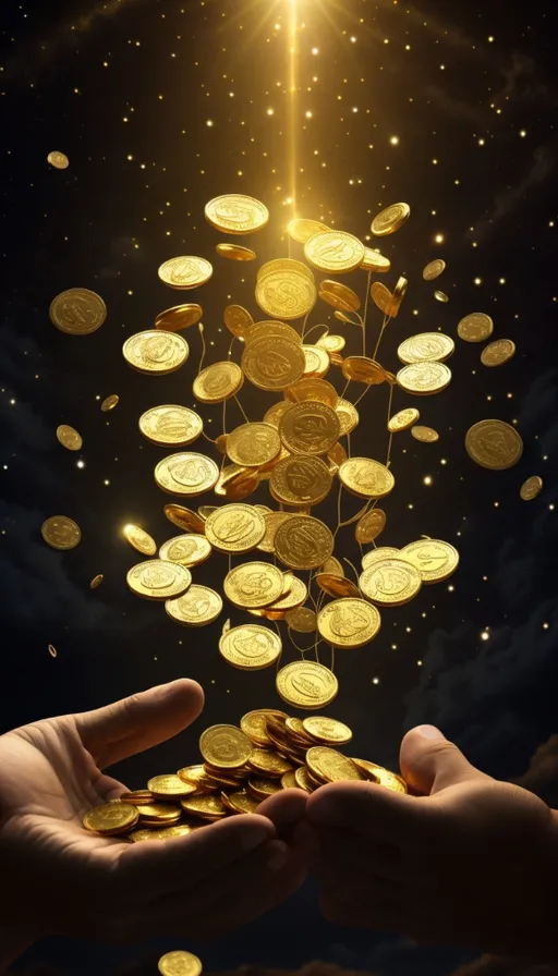 a person holding a pile of gold coins in their hands