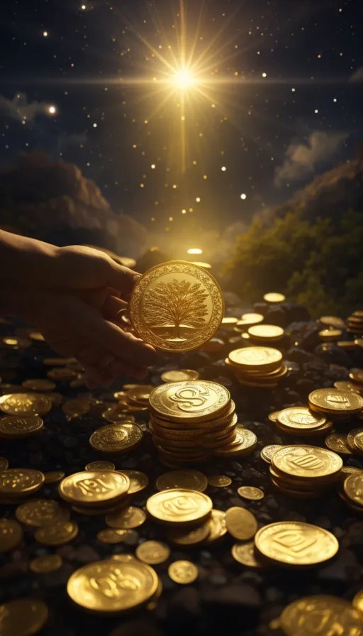 a hand reaching for a gold coin on a pile of coins