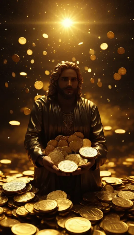 a man holding a bunch of gold coins