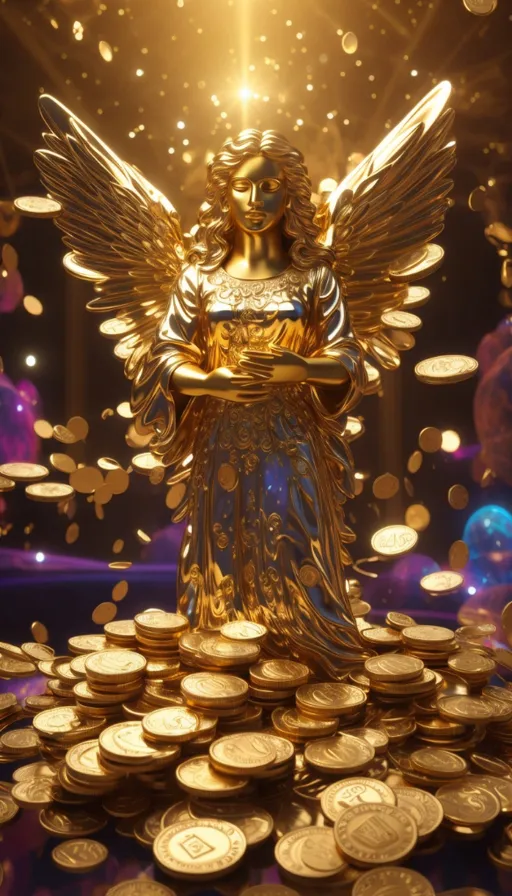 a golden angel statue sitting on top of a pile of gold coins