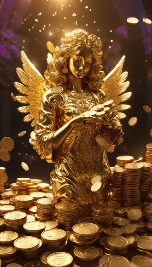 a golden angel statue surrounded by gold coins