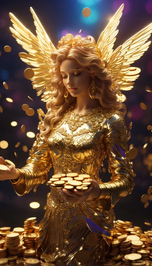 a woman in a golden outfit holding a tray of gold coins