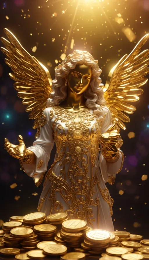 a statue of an angel surrounded by gold coins