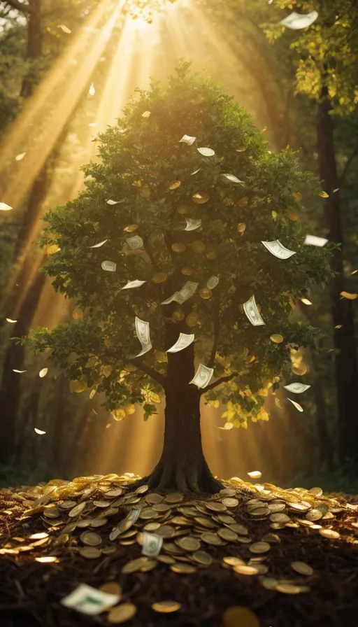 a tree with lots of money falling from it