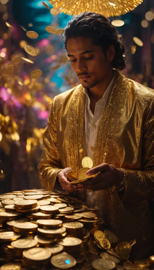 a man in a gold jacket holding a gold coin