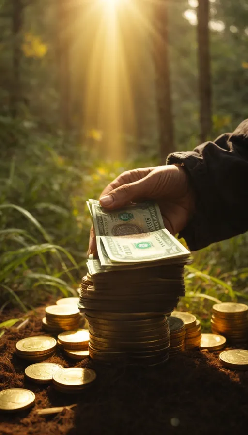 a person holding a stack of money in a forest