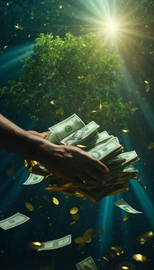 a hand holding a stack of money with a tree in the background