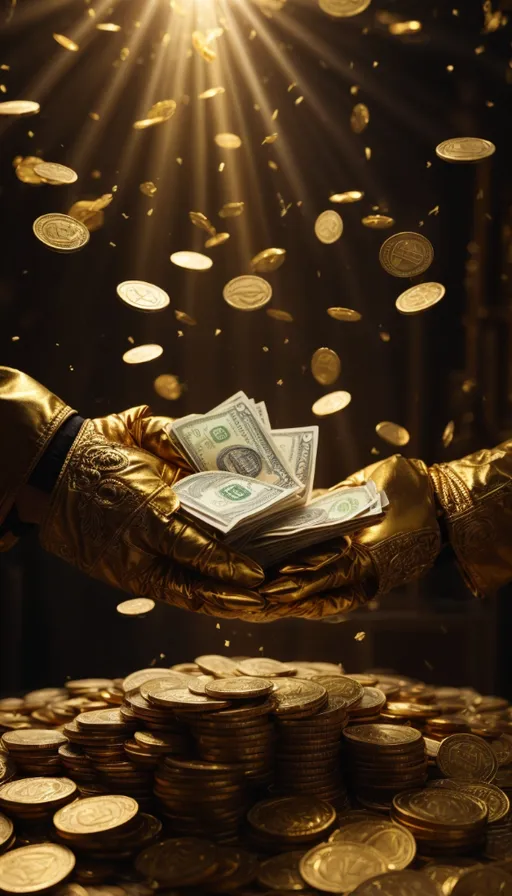 a gold gloved hand holding a stack of money