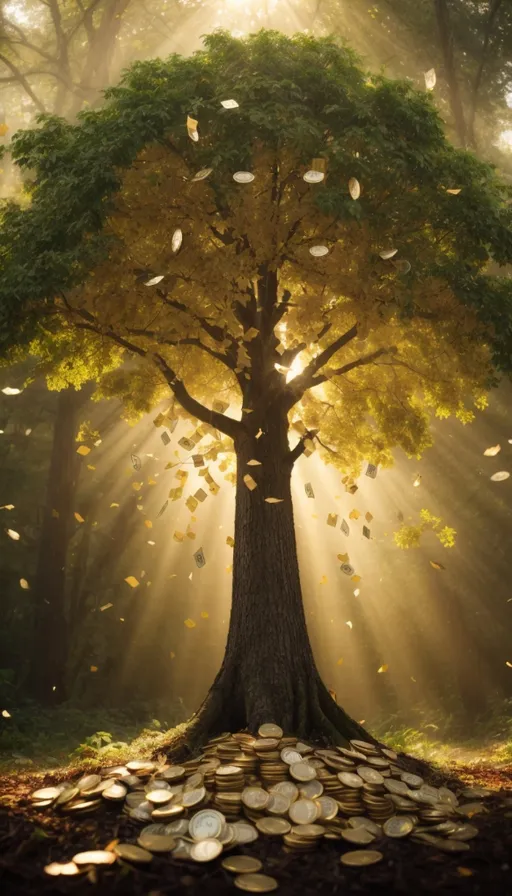 a tree with lots of coins falling from it