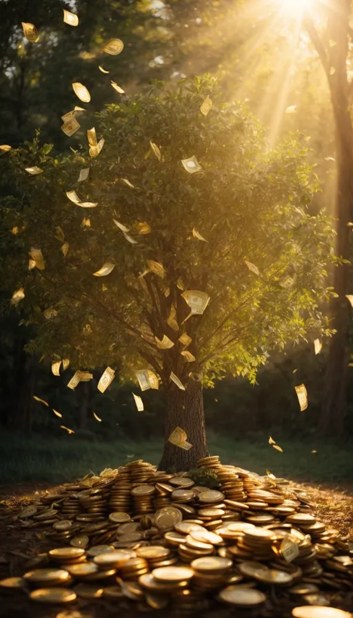 a pile of coins falling from a tree