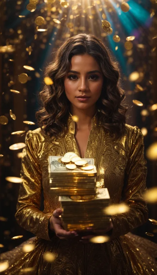 a woman in a gold dress holding a box of gold coins