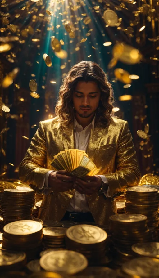 a man in a gold suit holding a fan surrounded by gold coins