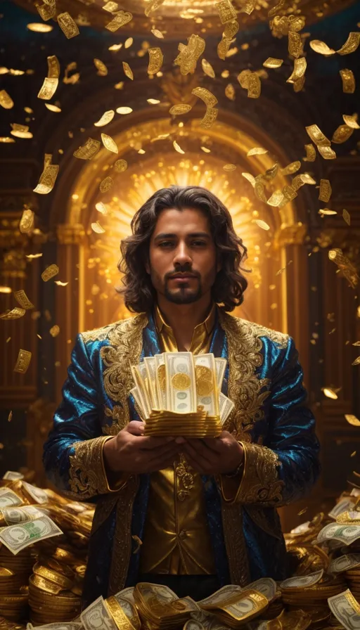 a man in a blue and gold outfit surrounded by money