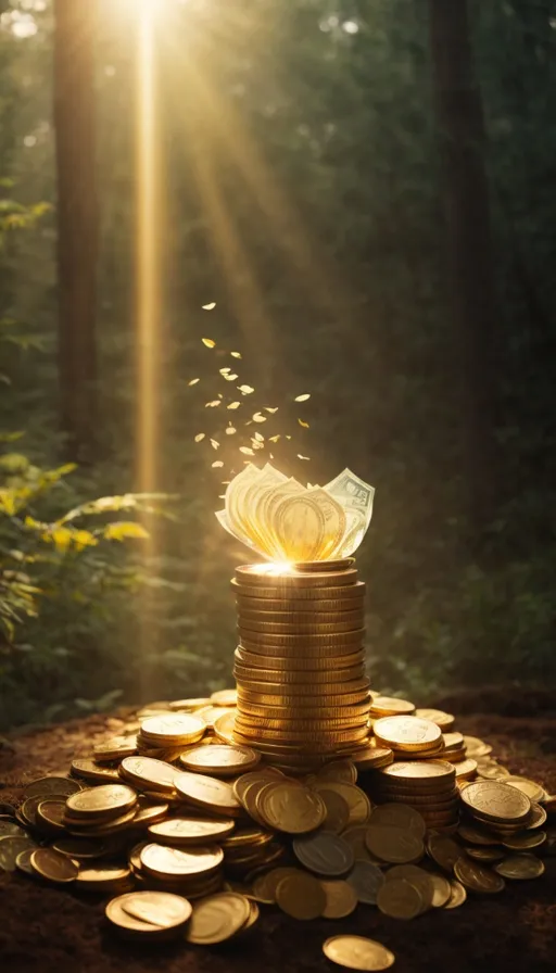 a stack of gold coins with the sun shining in the background