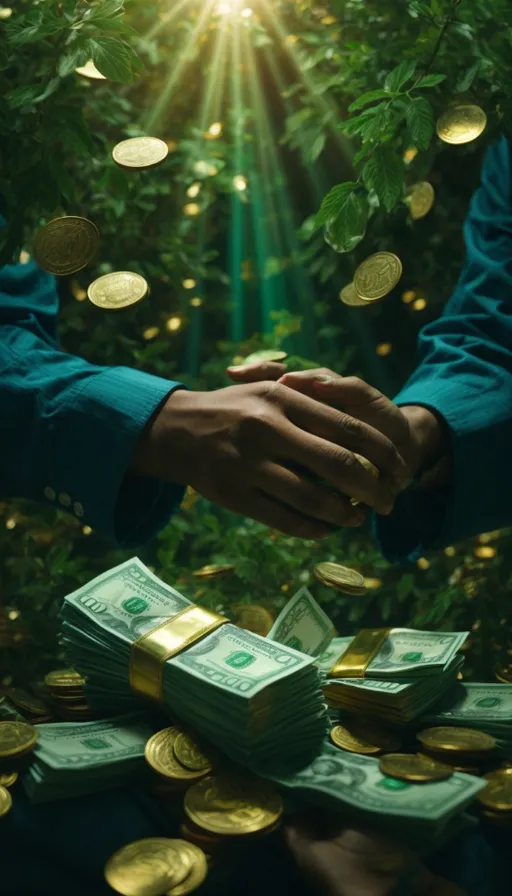 two people shaking hands over a pile of money