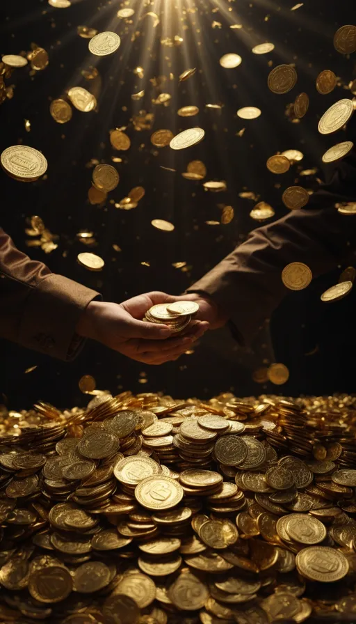 a person holding a coin in front of a pile of gold coins