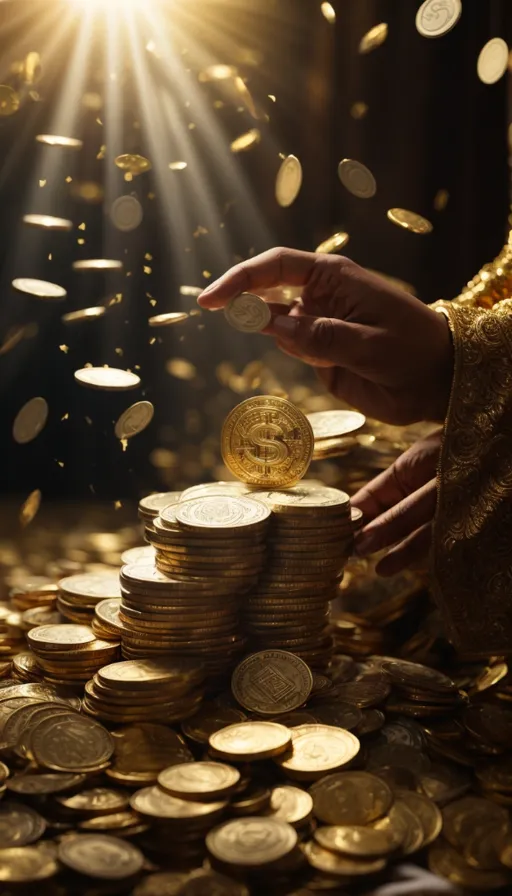 a person putting a coin into a pile of gold coins