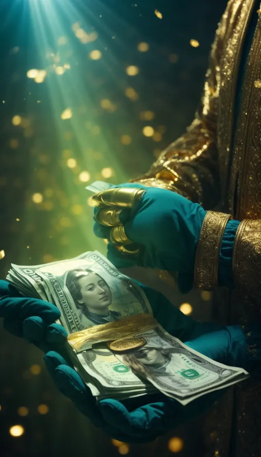 a person in blue gloves holding a stack of money