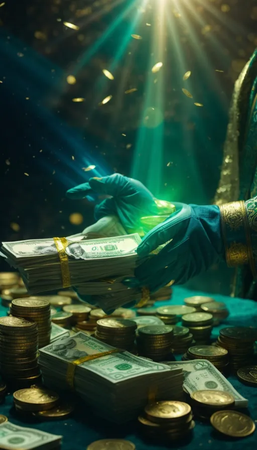 a person in blue gloves holding a stack of money