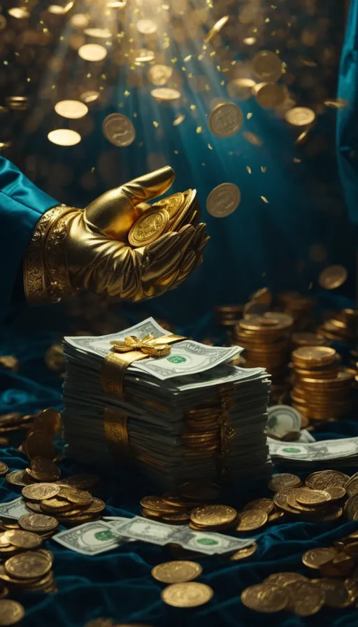 a hand reaching for a stack of gold coins