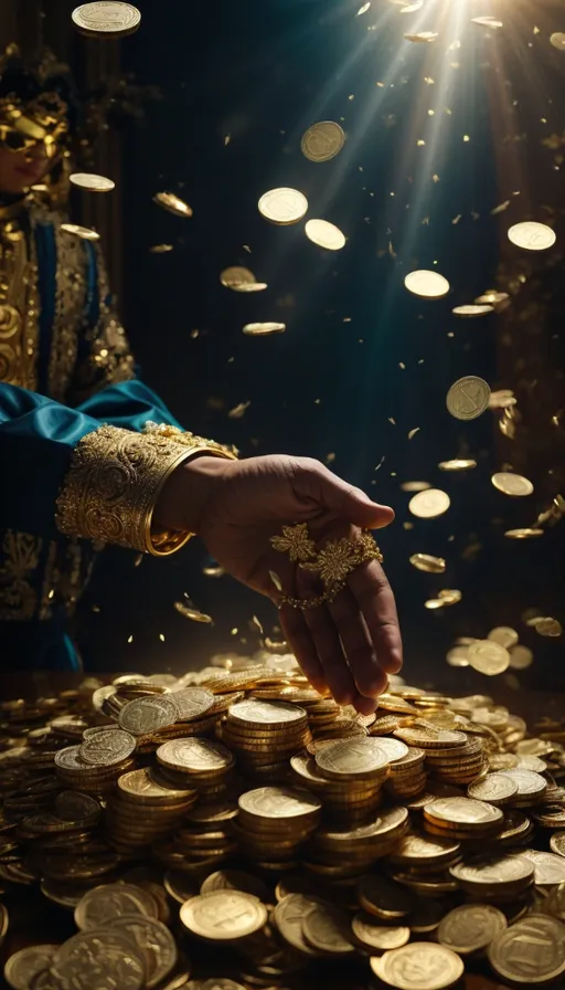 a hand reaching for a pile of gold coins