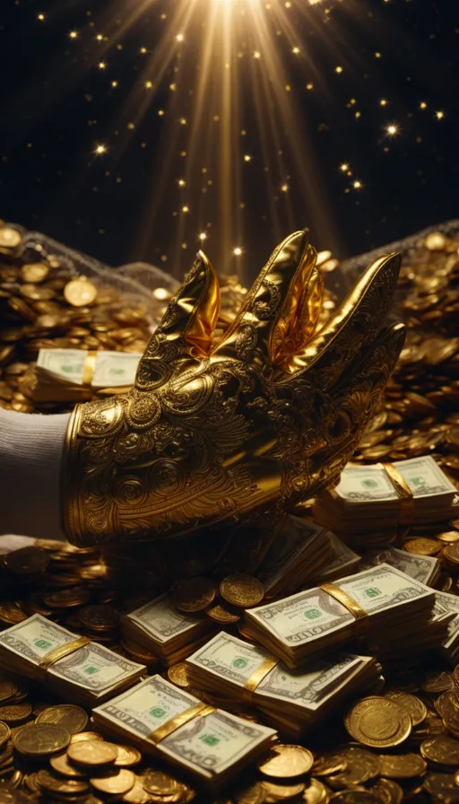 a pile of gold coins with a person's hand on top of them