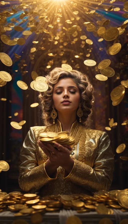 a woman in a gold dress surrounded by gold coins