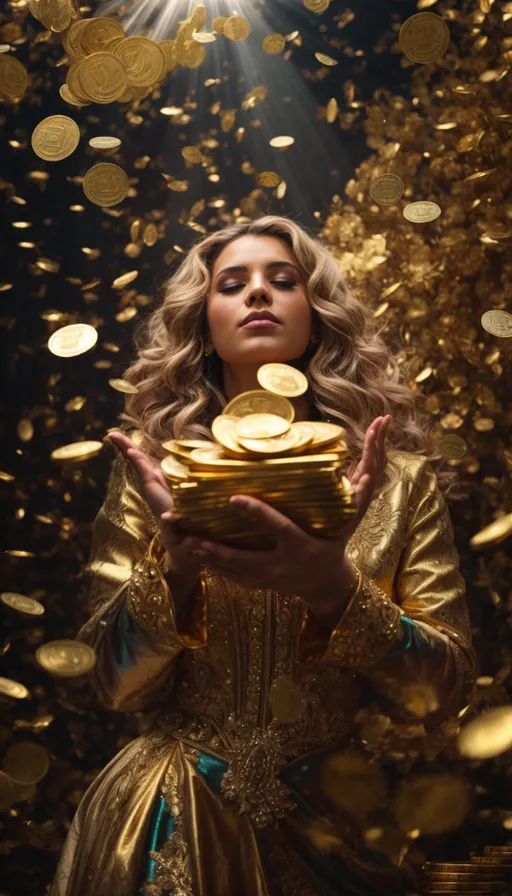 a woman holding a pile of gold coins