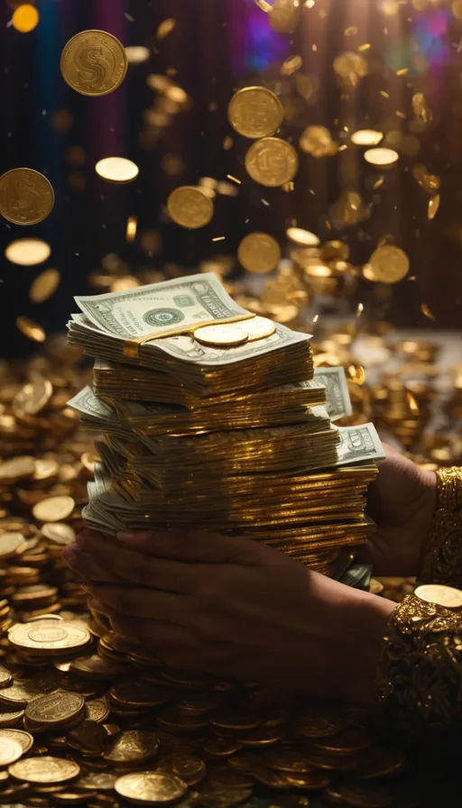 a person holding a stack of money on top of a pile of gold coins