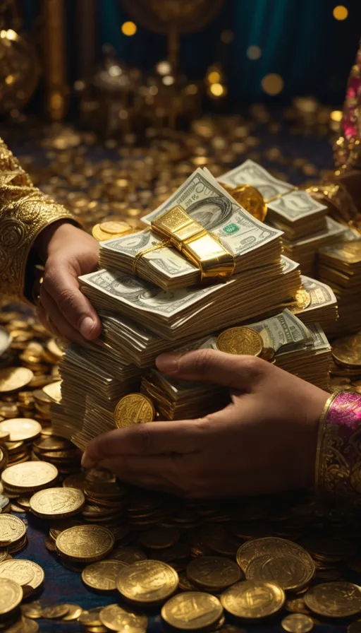 a person holding a pile of gold coins