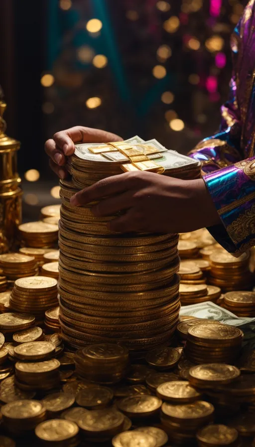 a person holding a stack of gold coins