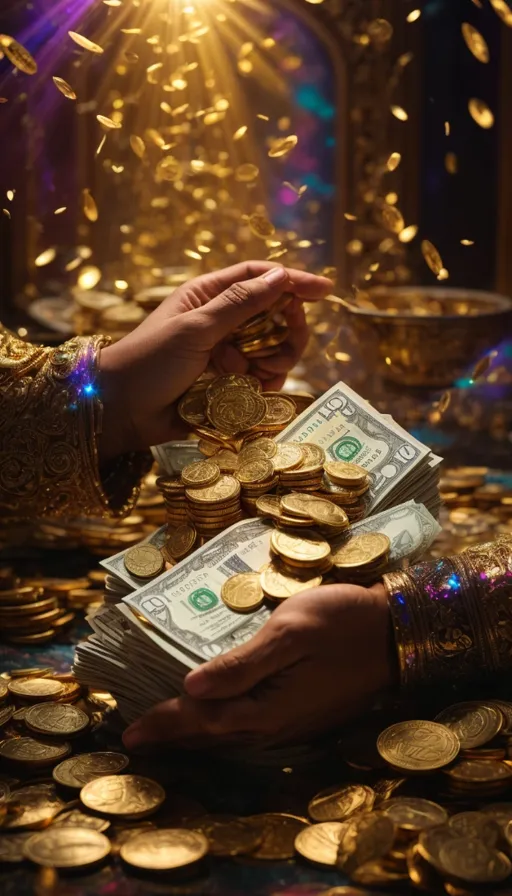 a person holding a stack of gold coins