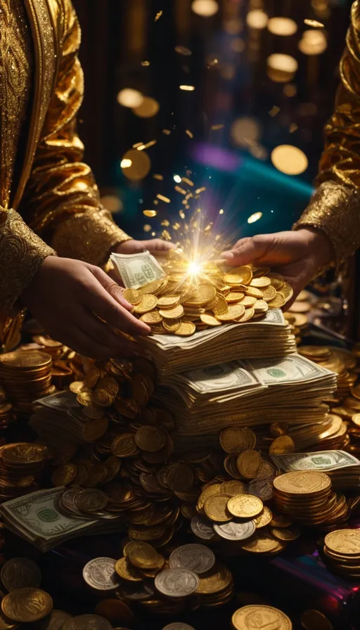 a pile of gold coins being held by two hands