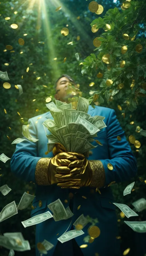 a man in a blue suit and gold gloves holding a bunch of money