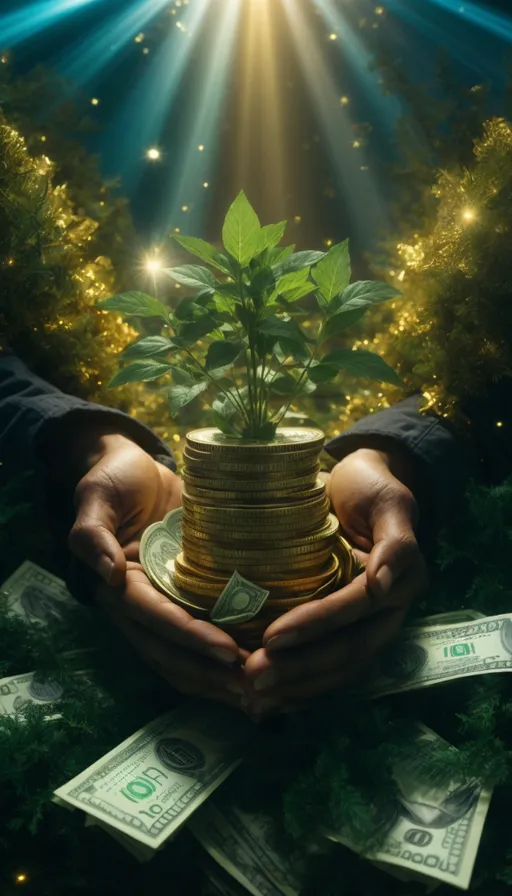 a person holding a stack of money with a plant growing out of it