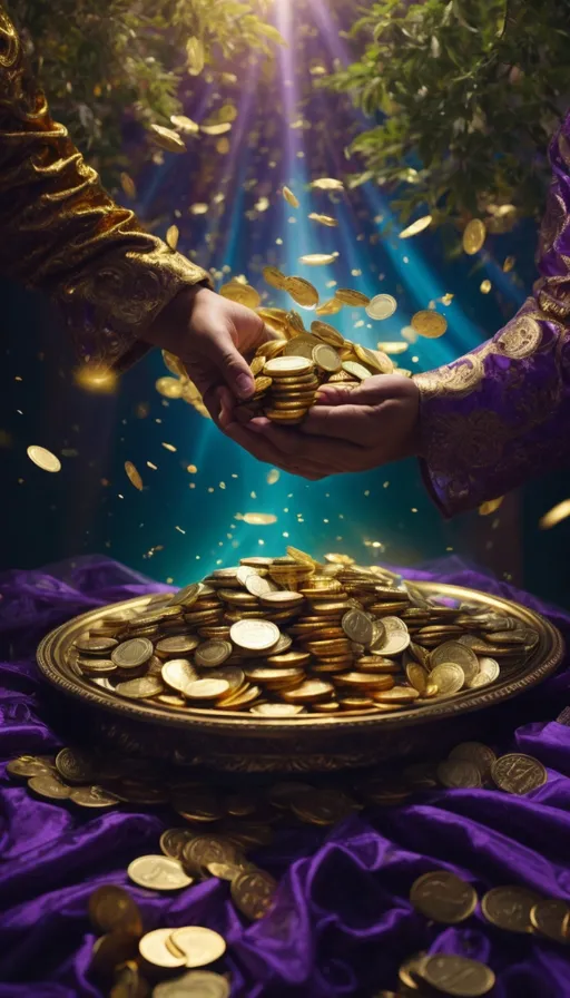 two people shaking hands over a platter of gold coins