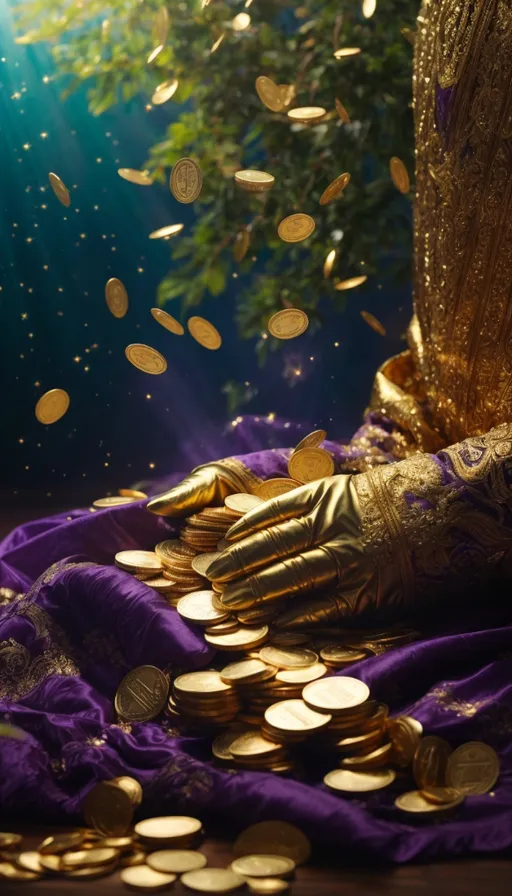 a pile of gold coins sitting on top of a purple cloth