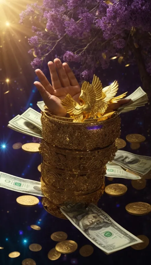 a hand reaching out of a gold pot with money coming out of it