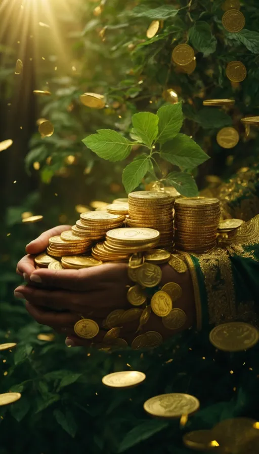 a person holding a bunch of gold coins