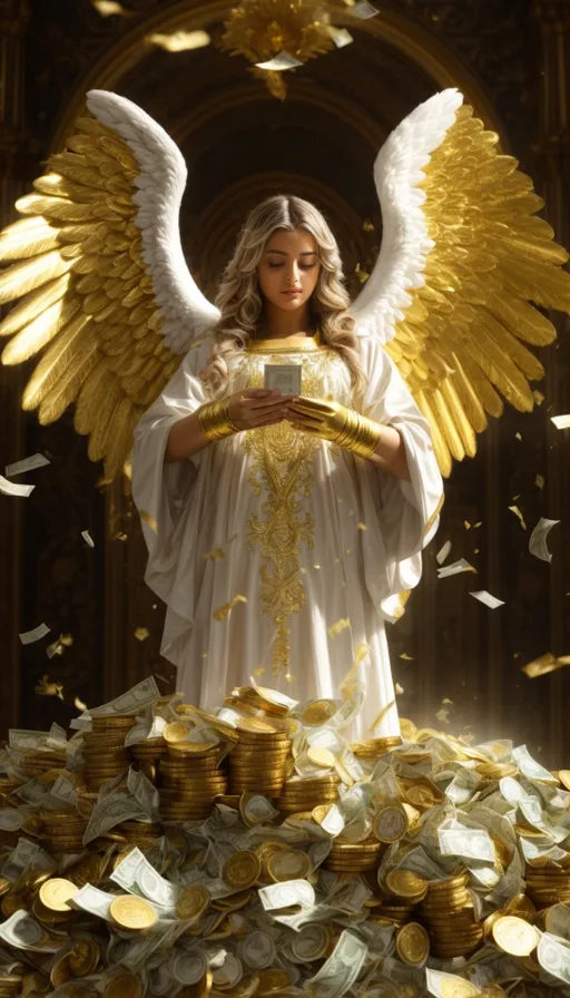 an angel standing in front of a pile of gold coins