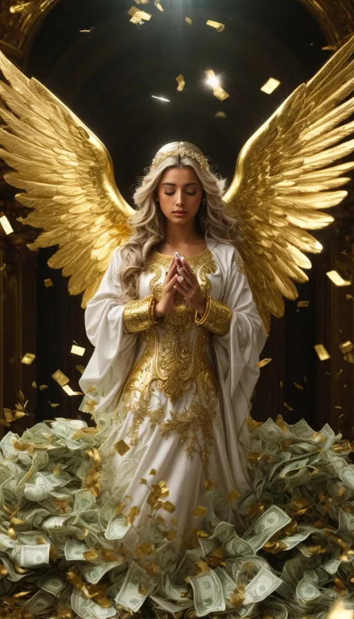 a woman dressed as an angel surrounded by money