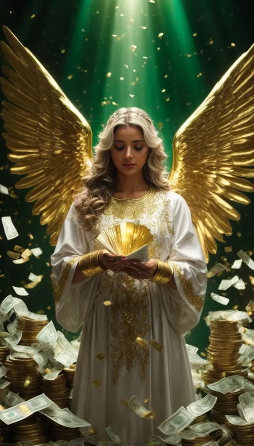 a woman in a white angel outfit surrounded by stacks of money