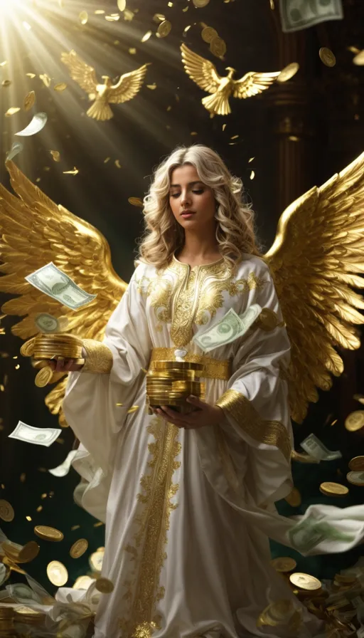 a woman dressed in white and gold holding money