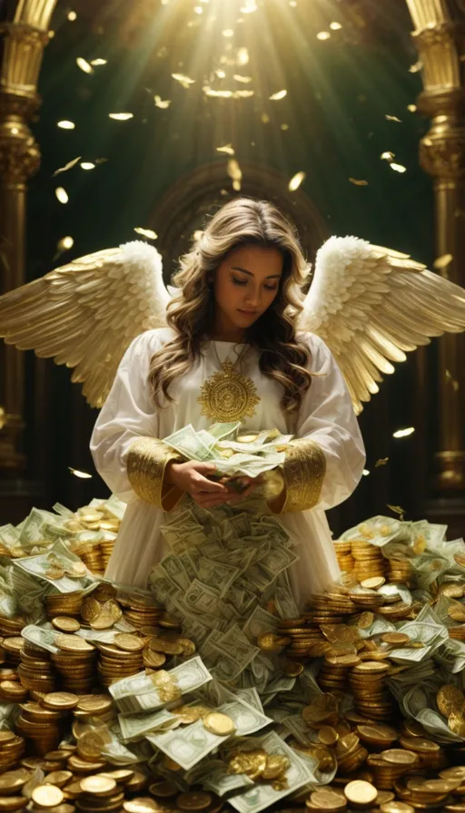 a woman sitting on top of a pile of money