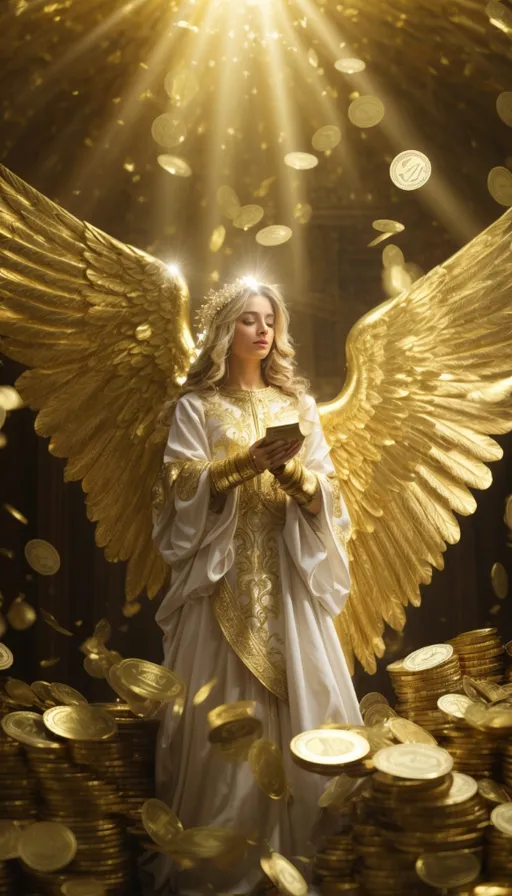 a woman dressed as an angel surrounded by gold coins