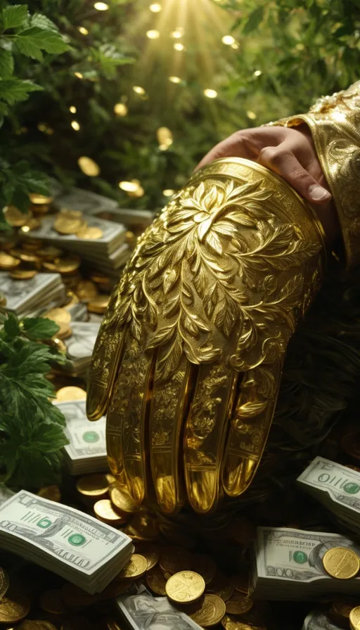 a gold glove on top of a pile of money