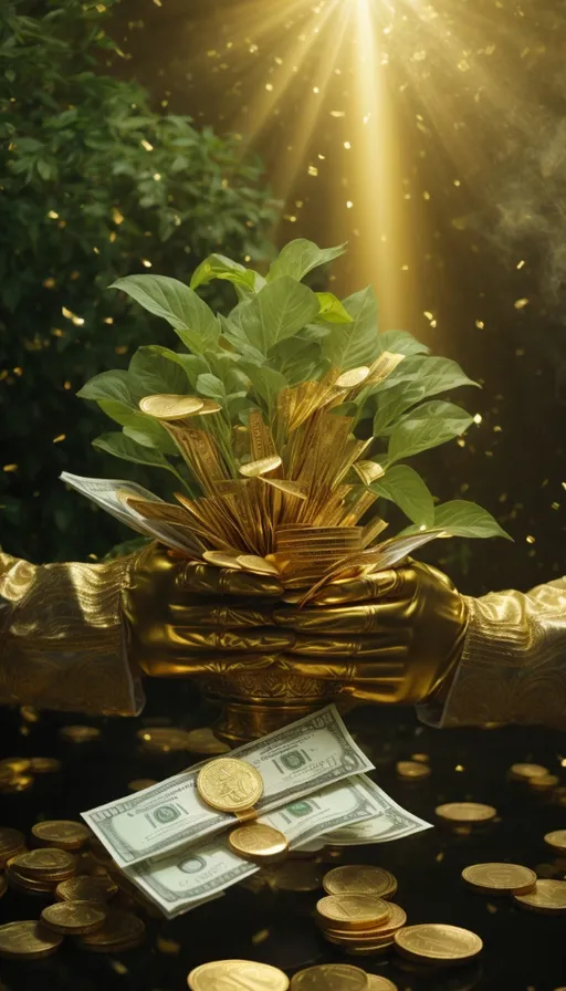 a gold glove holding a potted plant and money