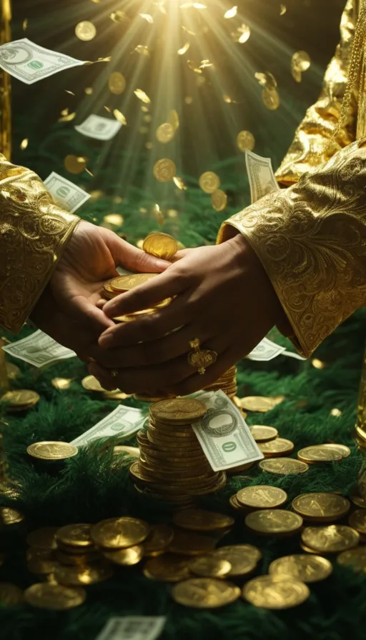 two people shaking hands over a pile of money